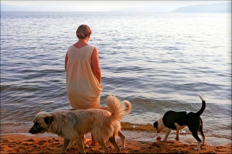 Woman,dogs,lake